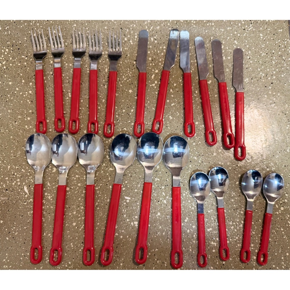 Vintage Red Handle Stainless Steel Flatware Lot – 21 Pieces‎ Mid Century